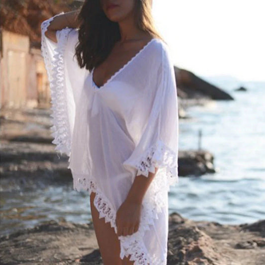 Cotton beach bikini lace white blouse for swimming with feminine detailing