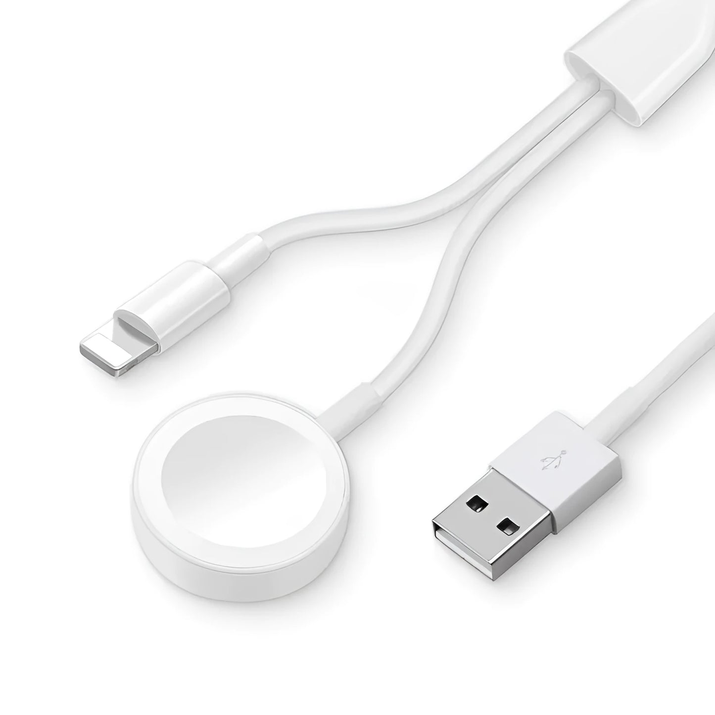 White two-in-one wireless watch charger with USB interface on desk
