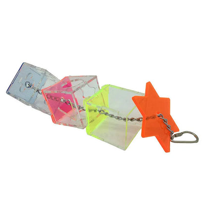 Transparent acrylic bird foraging toy with dimensions 5 cm by 5 cm by 32 cm.