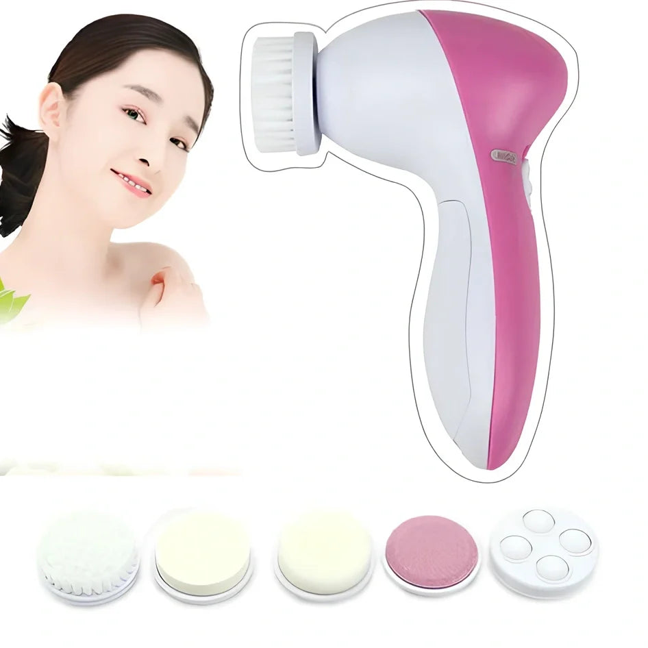 Pink electric facial cleanser device with 5 attachments for pore cleaning and blackhead removal, compact 130x70x48mm size