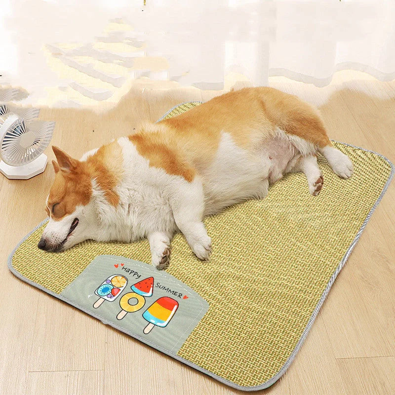 Cooling rattan pet mat for dogs and cats with sponge layer, available in five sizes
