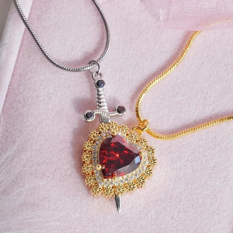Gothic Punk Heart Dagger Couple Necklace with sparkling red rhinestones