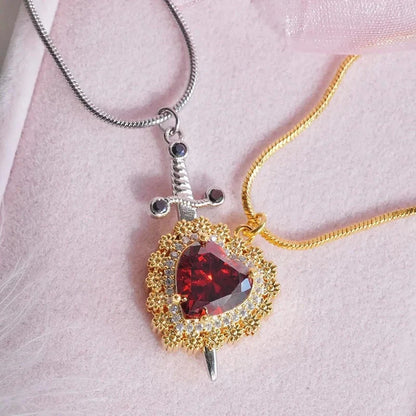 Gothic Punk Heart Dagger Couple Necklace with sparkling red rhinestones