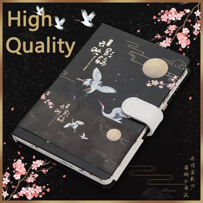 A5 wire-bound retro style notebook with colourful illustrated cover, shown with included pen.