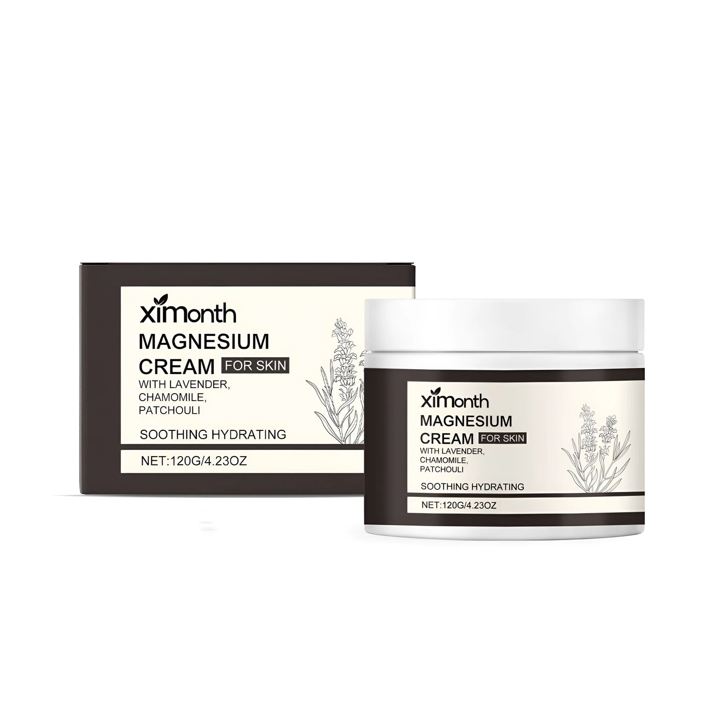 120g jar of magnesium body cream with lavender, chamomile, and patchouli extracts.