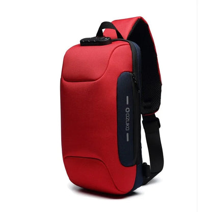 Anti-theft USB chest bag in Oxford cloth with zip closure, square vertical section, and polyester lining, shown in dark blue.