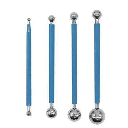 Pottery tool set with acrylic, stainless steel and plastic tools in a blue canvas roll