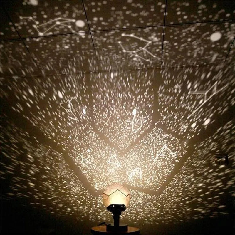 Plastic starry sky projection night light showing constellations on a bedroom ceiling, with remote control.