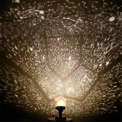 Plastic starry sky projection night light showing constellations on a bedroom ceiling, with remote control.