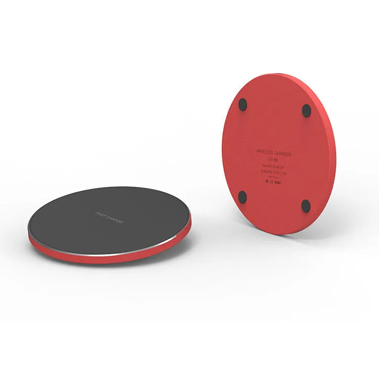 Ultra-thin square aluminium wireless charging pad in black, red, white, or yellow.
