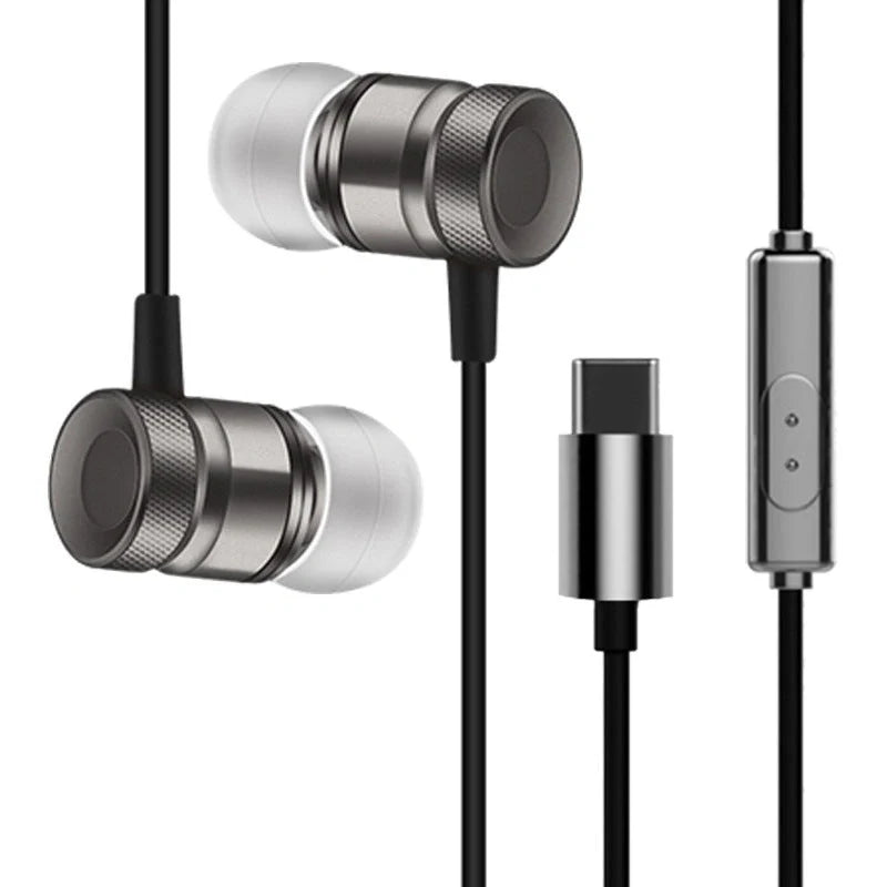 In-ear music video headphones with environmental protection TPE material in black, silver, pink, and gold