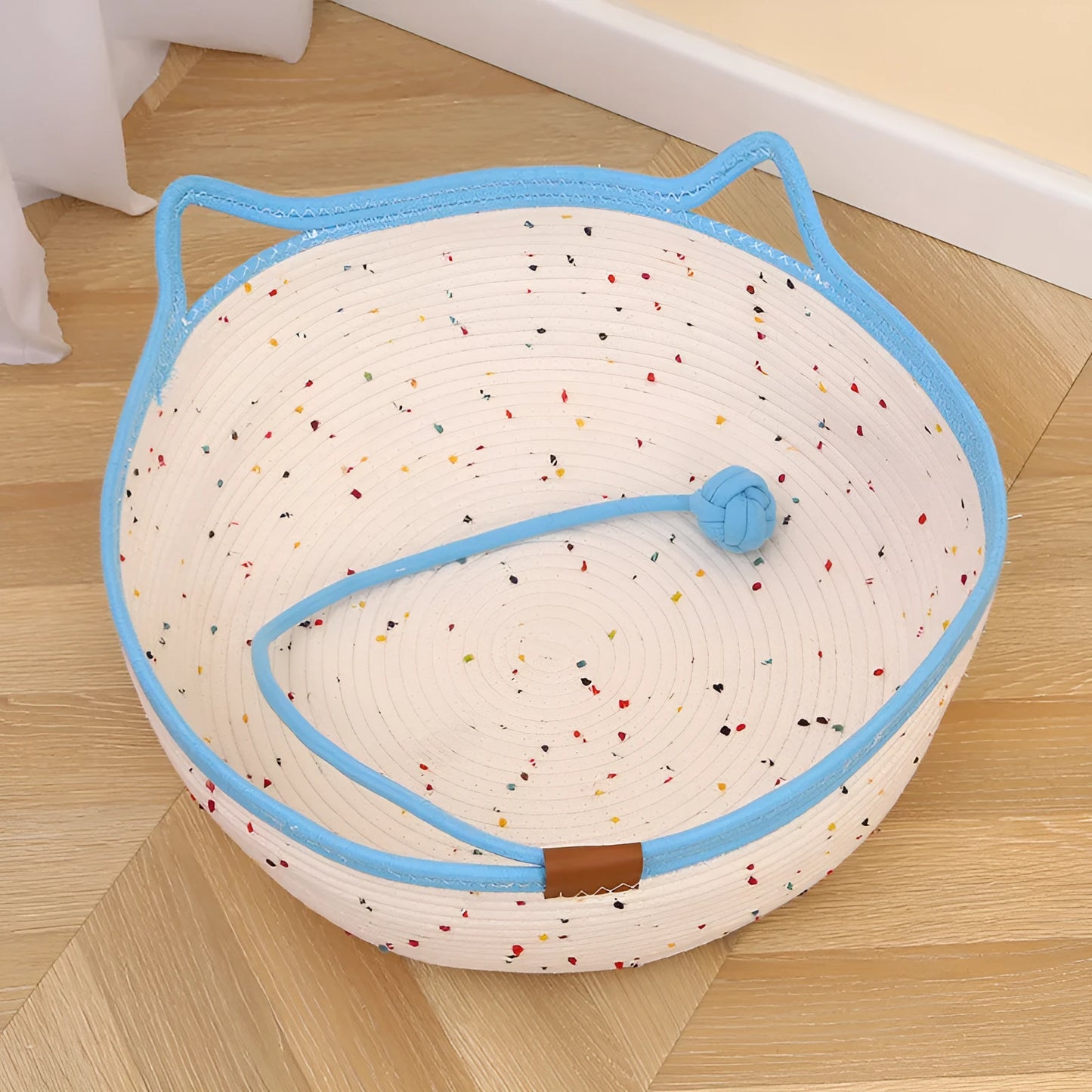 Cotton and hemp rope cat nest mat pet bed, shown in small, medium, and large size options.