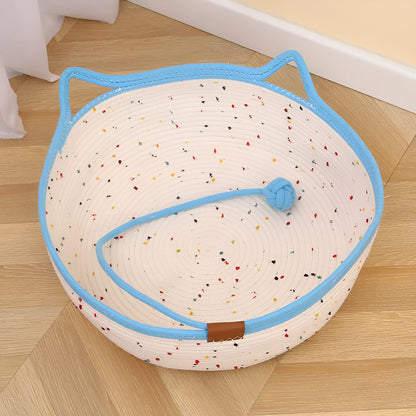 Cotton and hemp rope cat nest mat pet bed, shown in small, medium, and large size options.
