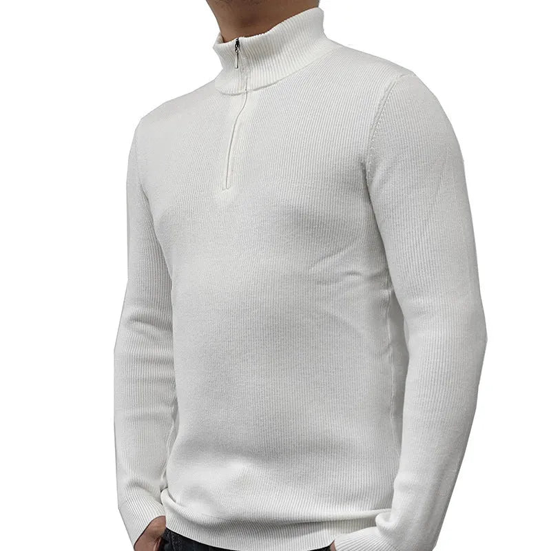 Men's black half-turtleneck zipper sweater with front zip and long sleeves, cotton-blend fabric, British style