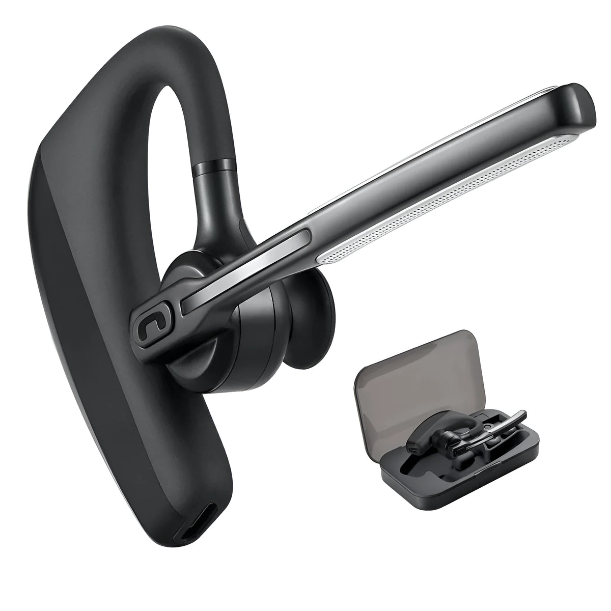Black true wireless Bluetooth earbuds with charging case shown on a dark background.