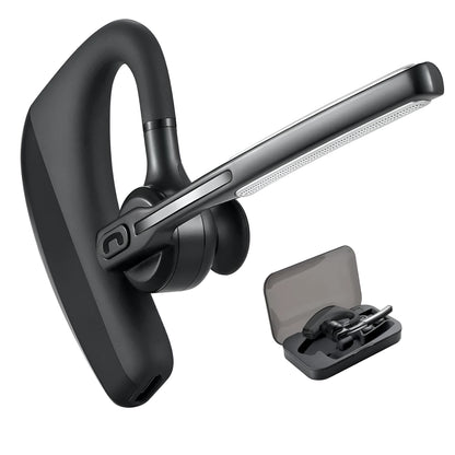 Black true wireless Bluetooth earbuds with charging case shown on a dark background.