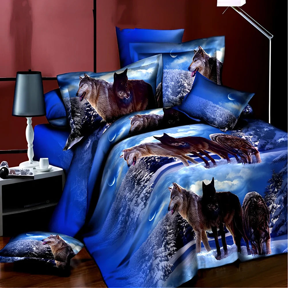 Brushed 3D floral four-piece bedding set in A Blue, showing 200x230cm quilt cover with raised pattern and matching pillowcases