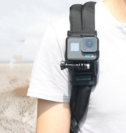 Camera backpack clip holder in black, made from POM/PVC plastic and polyester cloth