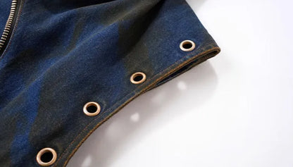 Korean style hooded denim vest coat jacket with matching blue trousers
