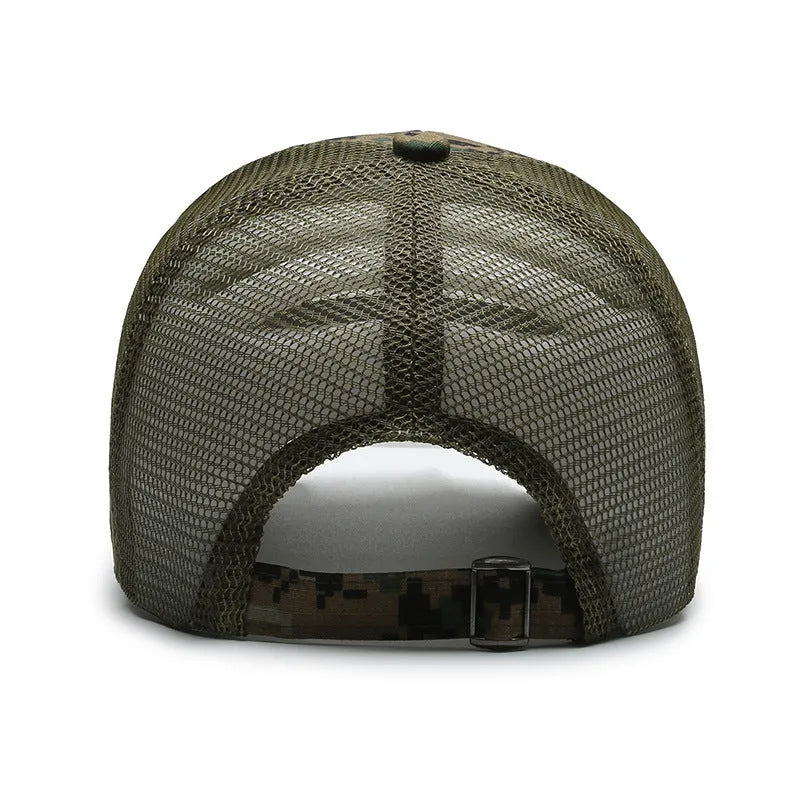 Adjustable camouflage baseball cap with Velcro closure and machine embroidery detailing