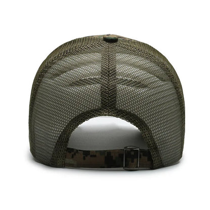 Adjustable camouflage baseball cap with Velcro closure and machine embroidery detailing