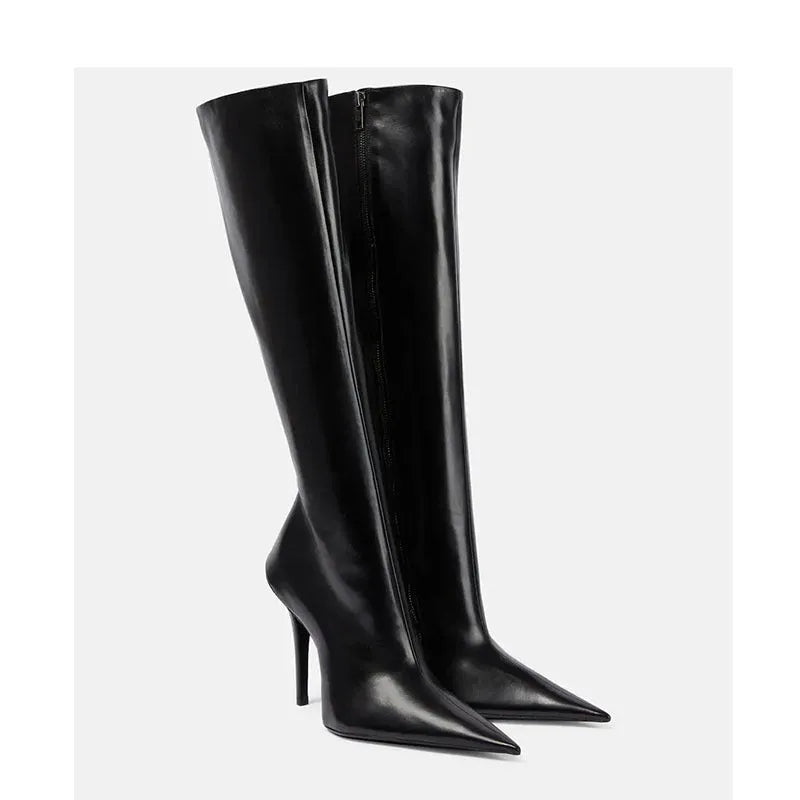 Black women's knee-length stiletto heel boots with pointed toe and side zipper, artificial PU upper, rubber sole