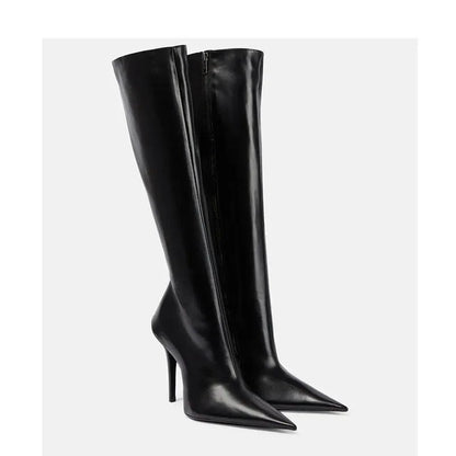 Black women's knee-length stiletto heel boots with pointed toe and side zipper, artificial PU upper, rubber sole