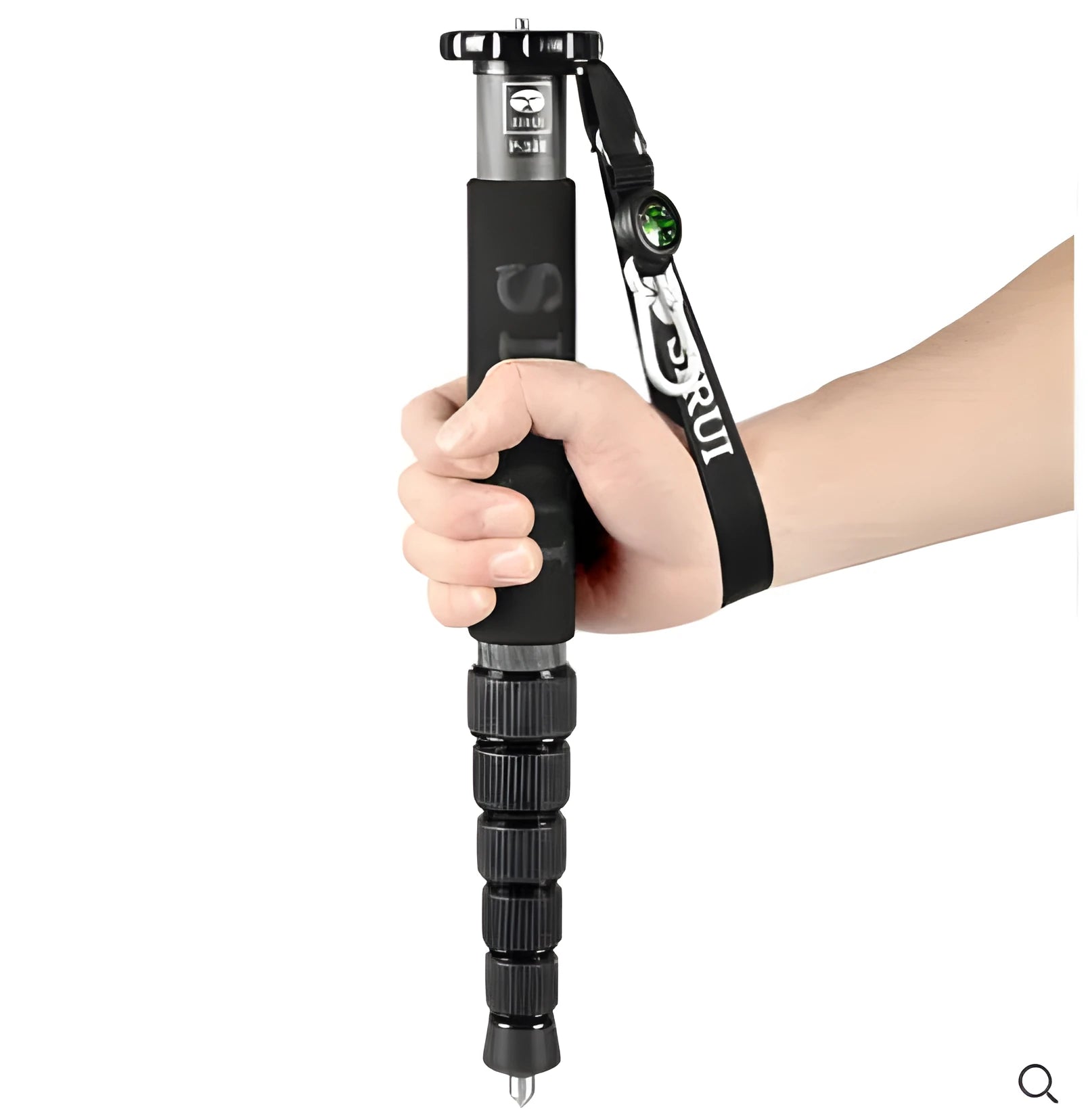 Black carbon fibre telescopic monopod for SLR cameras shown at full extension.