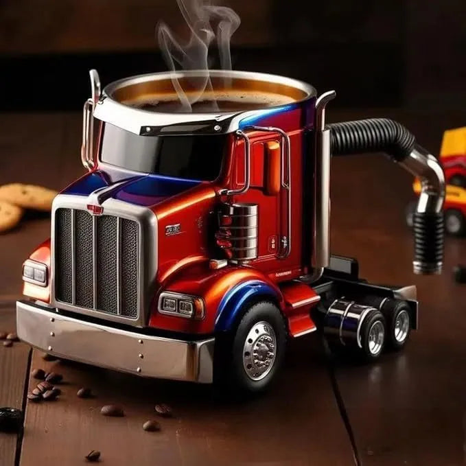 Resin semi-truck shaped coffee mug with 11-ounce capacity, handcrafted coffee cup for truck drivers and enthusiasts available in multiple colours including silver white, orange, red, green, and blue trucks.