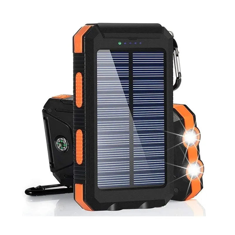 Black solar power bank with compass display and dual LED lights, showing 20000mAh capacity label.