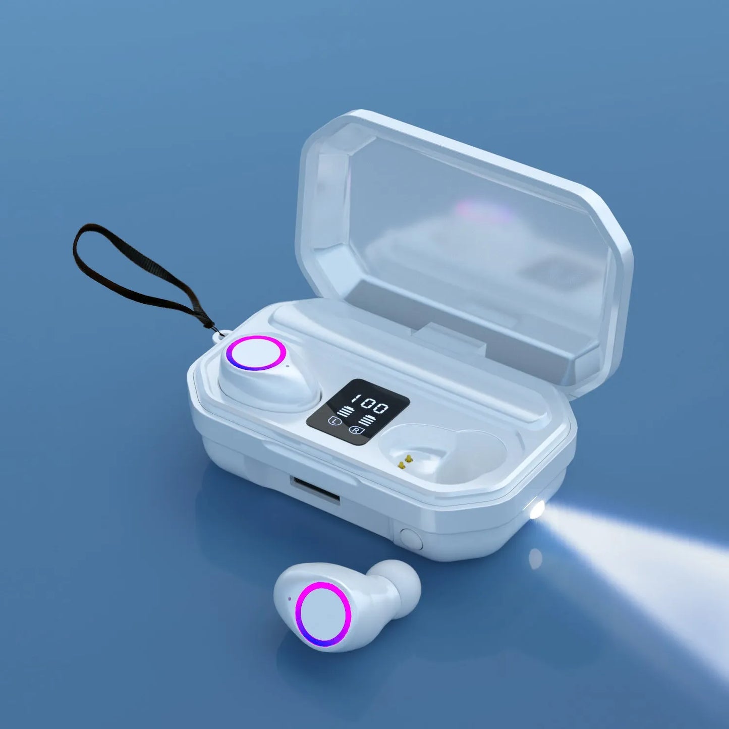 Black and white wireless Bluetooth earplug headphones with a charging case featuring an LED digital power display.