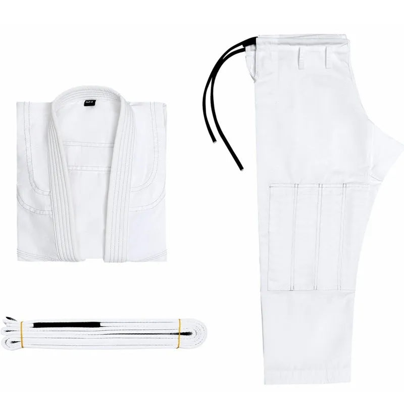 Brazilian Jiu-jitsu clothing set in cotton blend fabric, showing top and trousers for training wear