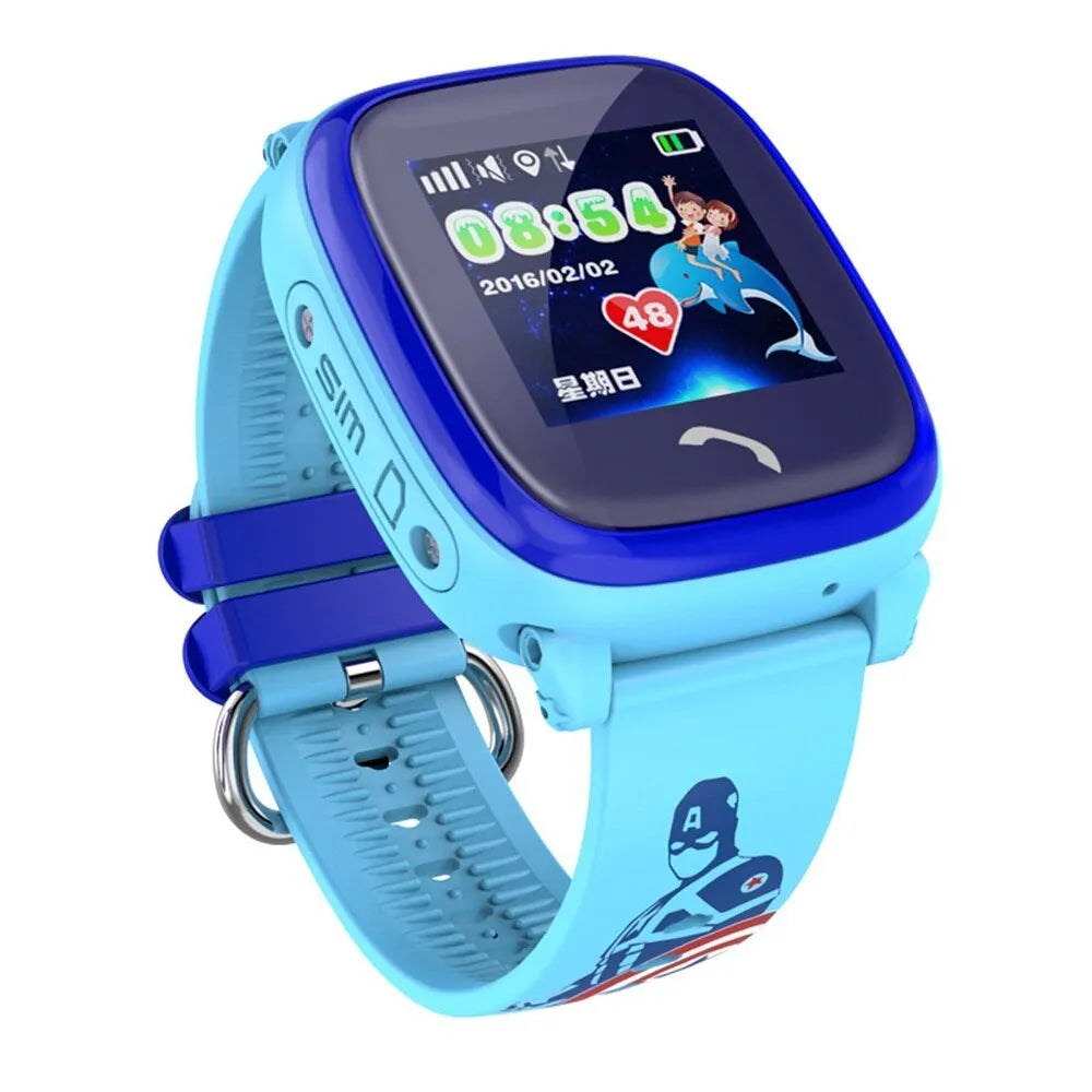 DF25 blue children's waterproof smart watch with touch screen display on silicone wristband