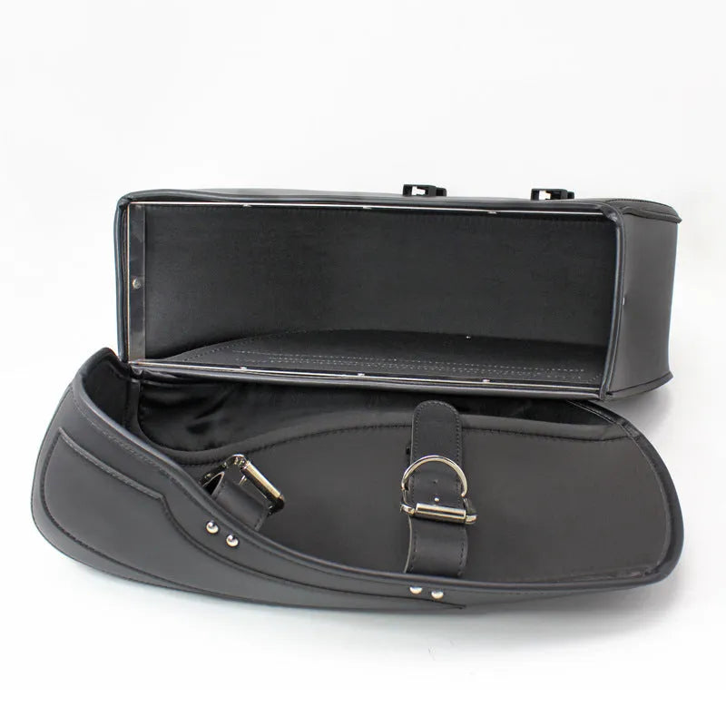 Retro black PU leather motorcycle side box saddlebag mounted on a bike.