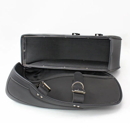 Retro black PU leather motorcycle side box saddlebag mounted on a bike.