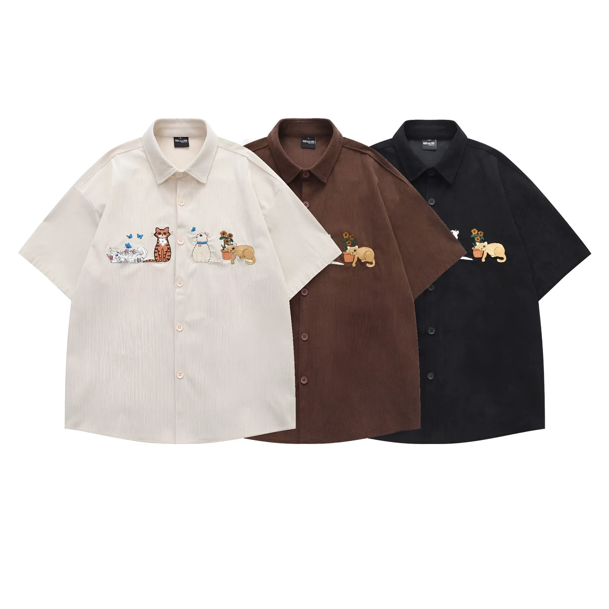 Loose cartoon pattern shirt with embroidery details in apricot, brown, or black