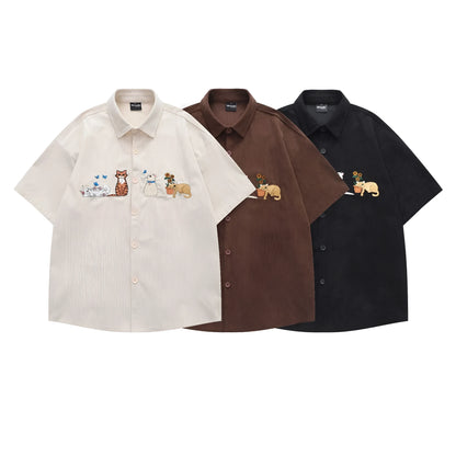 Loose cartoon pattern shirt with embroidery details in apricot, brown, or black