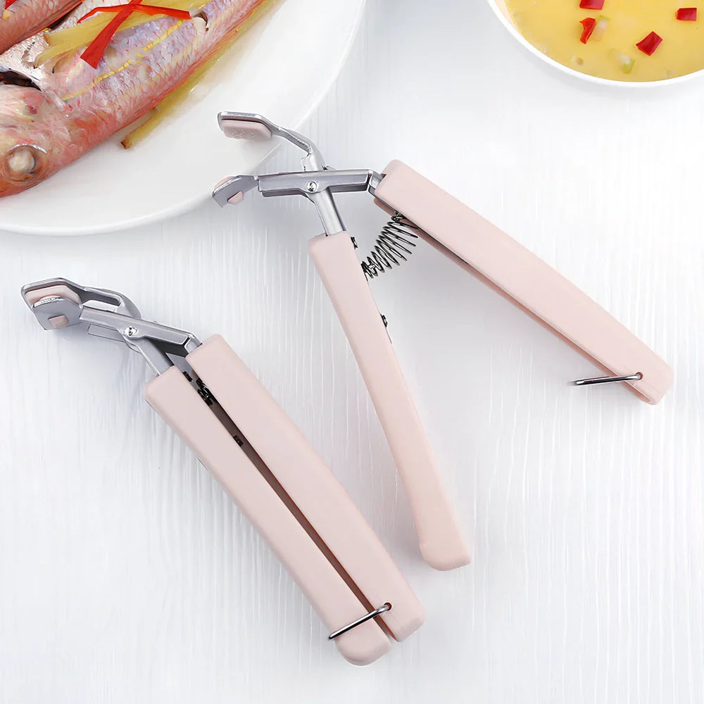 Stainless steel baking tray holder with widened handle and rubber-coated clamps