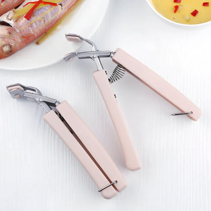 Stainless steel baking tray holder with widened handle and rubber-coated clamps