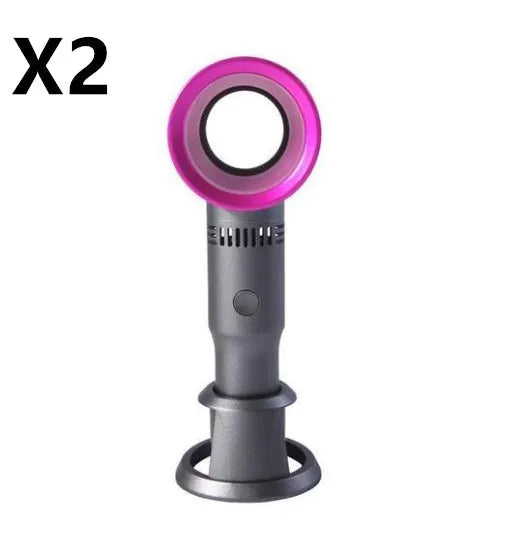 Portable bladeless fan with USB cable and base, showing compact design and bladeless airflow