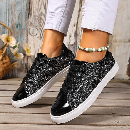 Women's plus size black board shoes with sequined front panel and lace-up closure