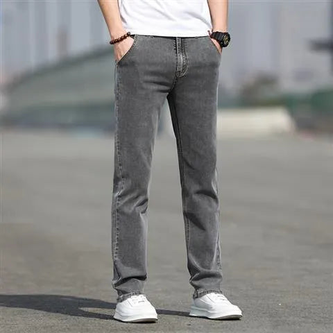 Men's smoky gray straight leg jeans with high elasticity fabric and low waist design