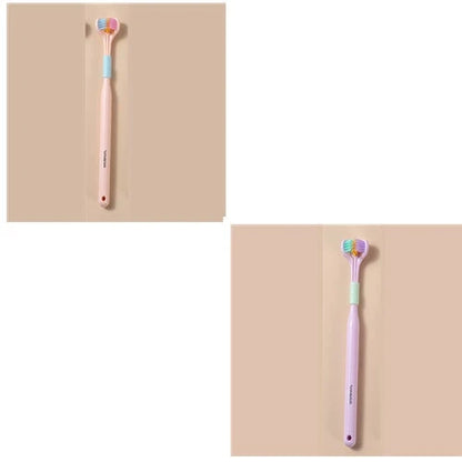 A soft bristle toothbrush with a unique triple-sided brush head for deep cleaning and customizable bristle firmness.