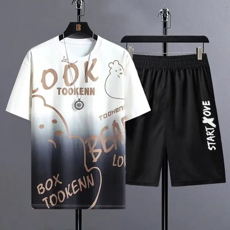 Men's lightweight polyester shorts suit set with short sleeve top and matching shorts for summer