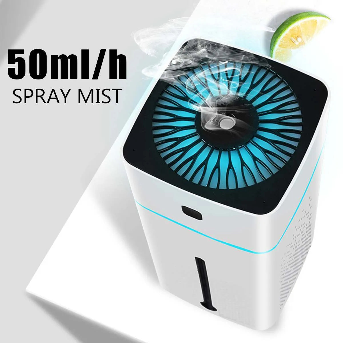 Black desktop humidifier measuring 103x103x218mm with USB cable, water tank showing 1000ml capacity