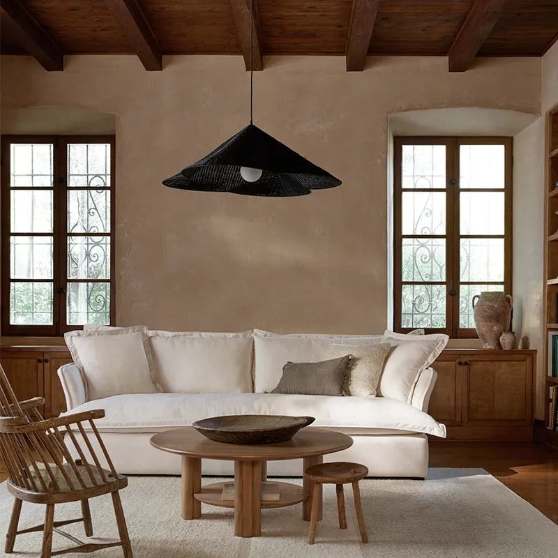 Rattan woven ceiling lamp with Silent Wind style in natural finish, shown from below