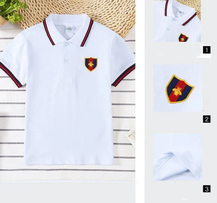Boys' cotton short sleeve lapel collar shirt in red, navy blue, bright yellow, or off-white, sizes 90cm to 130cm.