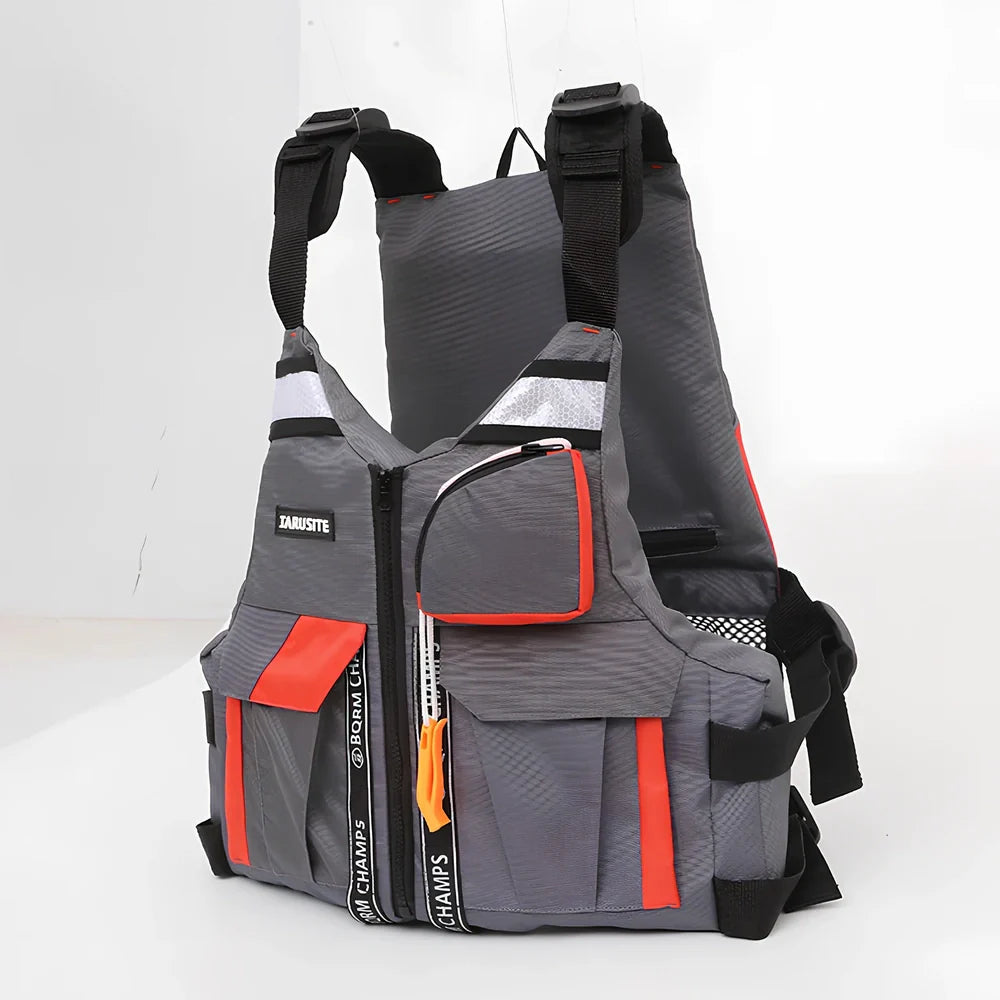 Grey-red Oxford cloth swim vest with adjustable side straps for fishing and water safety