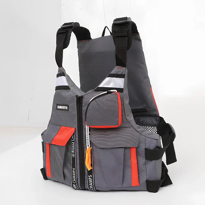 Grey-red Oxford cloth swim vest with adjustable side straps for fishing and water safety