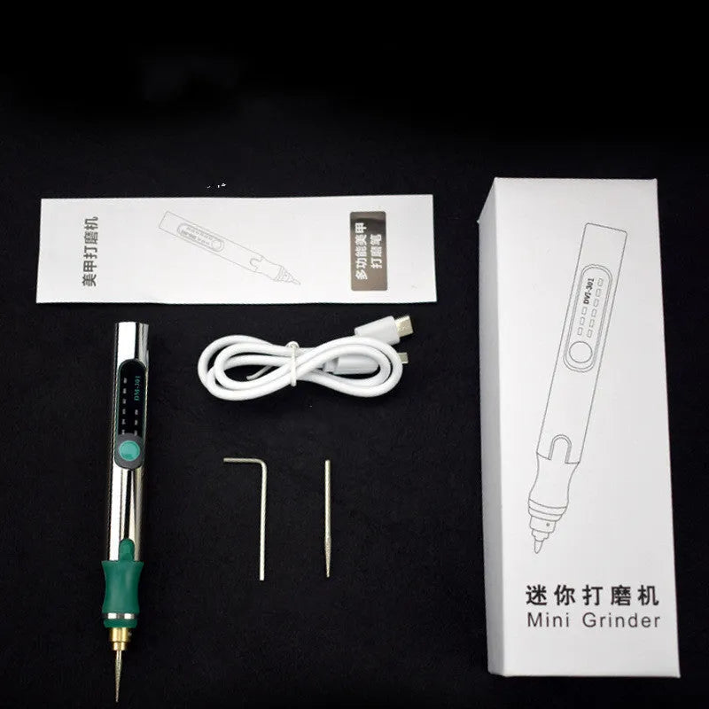Electric engraving pen with USB charging cable and accessories including grinding heads, cutting plates, and drill bits
